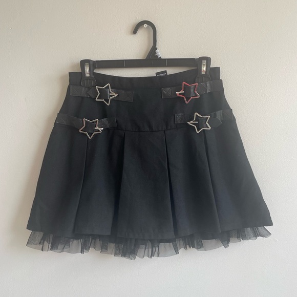 SOCIAL COLLISION BLACK BOX PLEAT MINI SKIRT TULLE RUFFLES SILVER STAR BUCKLES - Picture 3 of 13